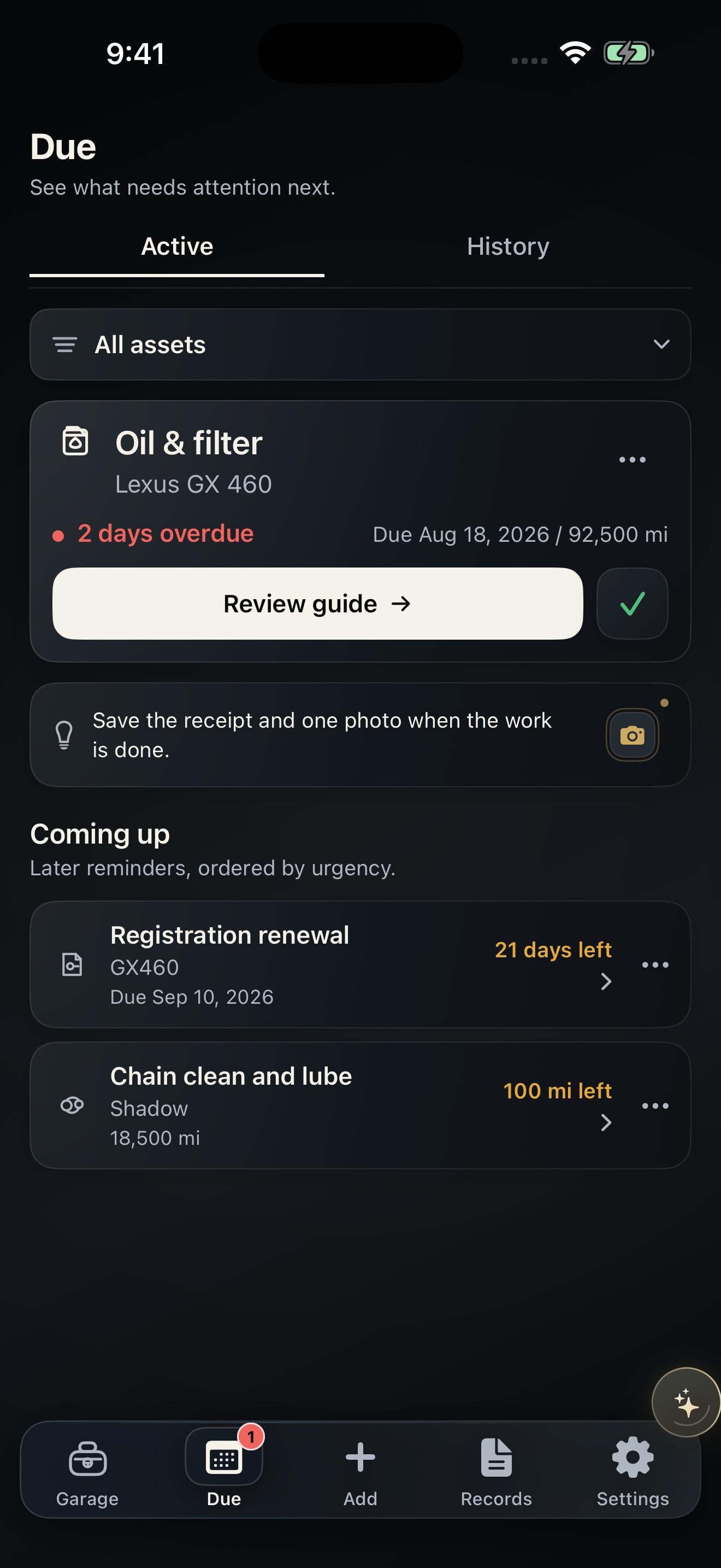 ServiceVault Due screen