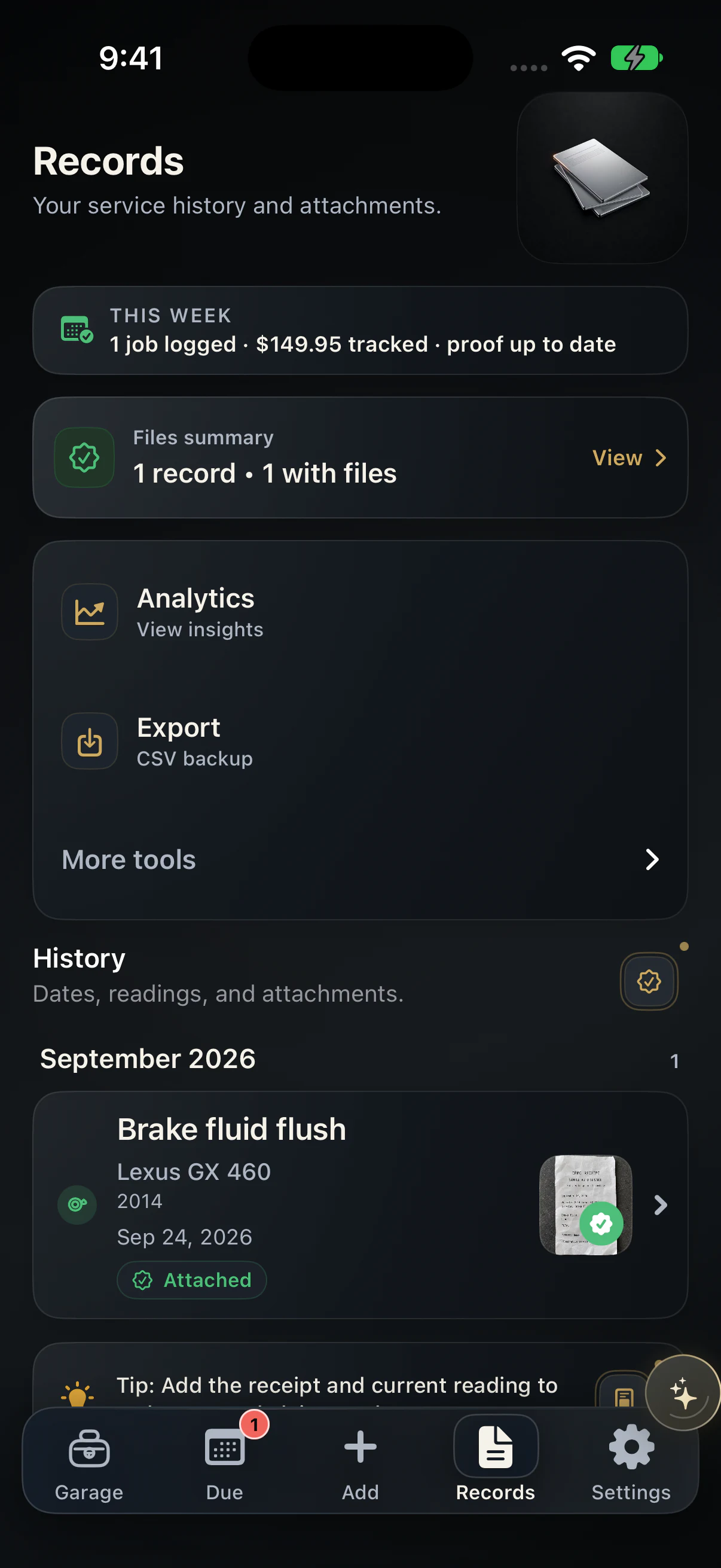 ServiceVault Records screen showing a demo brake fluid service record with a generated receipt attached